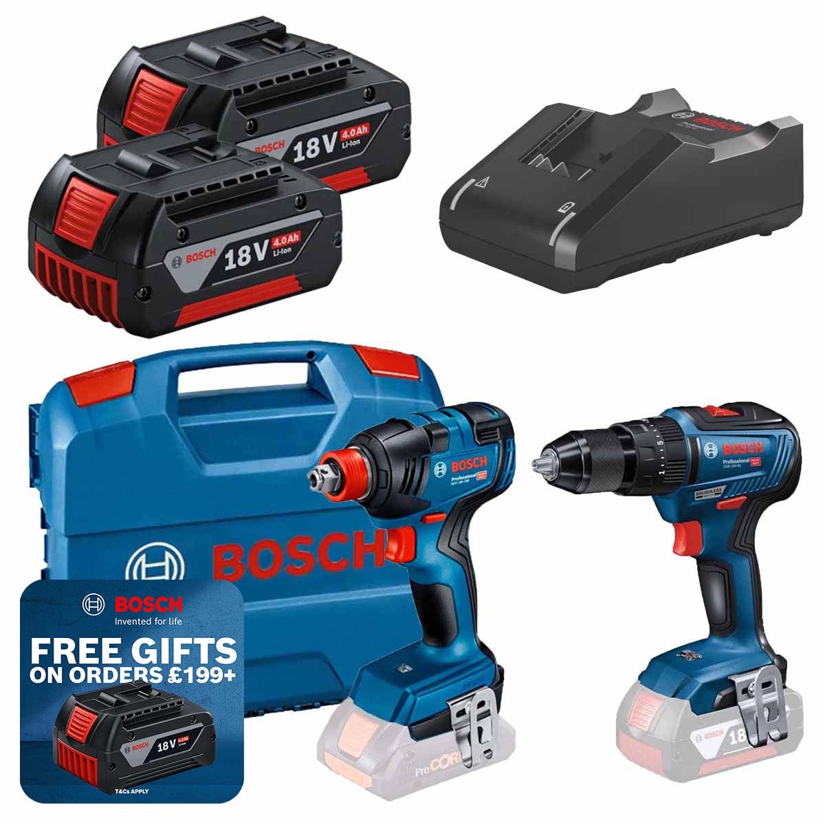 Bosch GSB18V-55 Combi Drill and GD V-200 Impact Wrench in L-Case with 2x 40Ah Batteries Charger