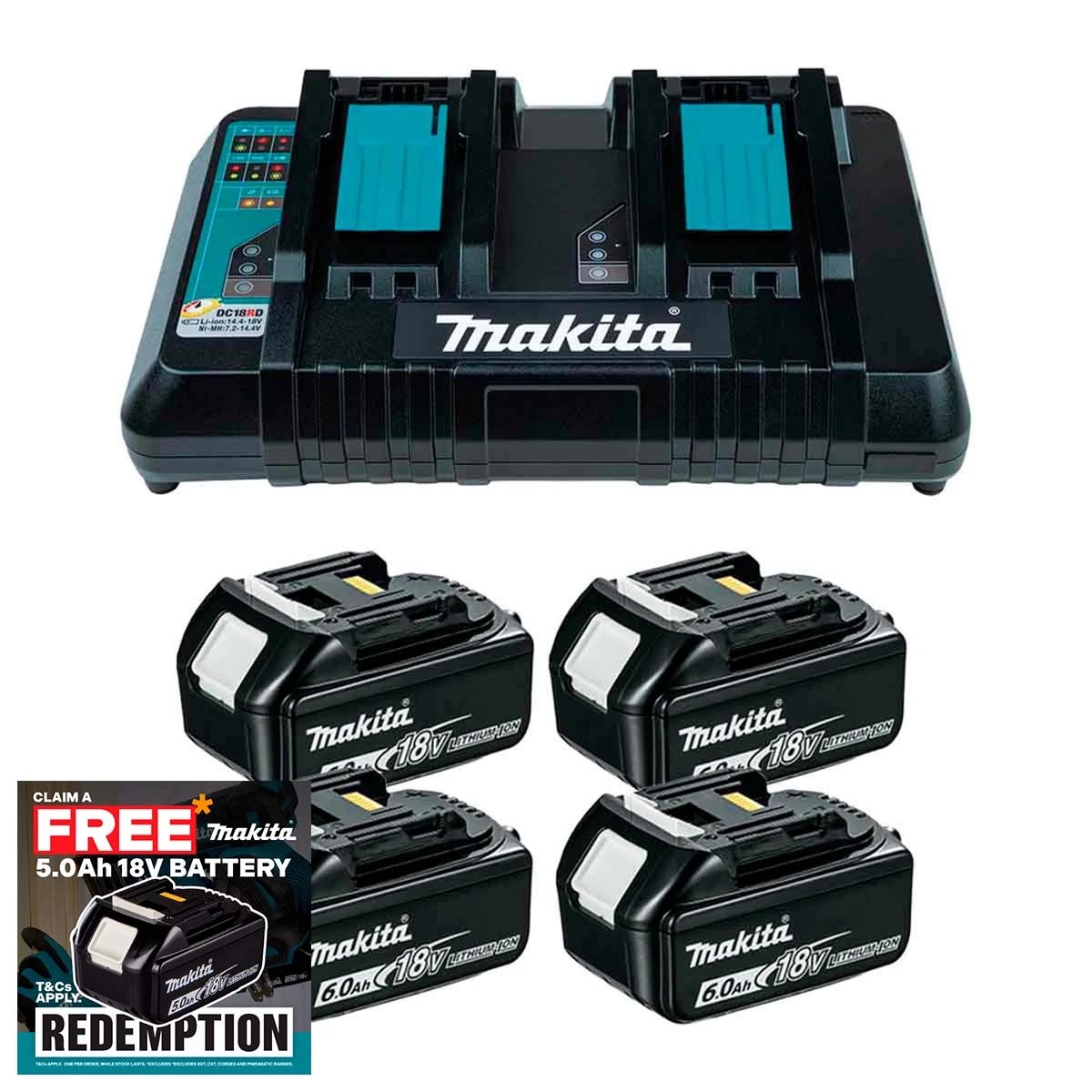Makita DC18RD 18V LXT Twin Port Charger with 4x 60Ah Batteries