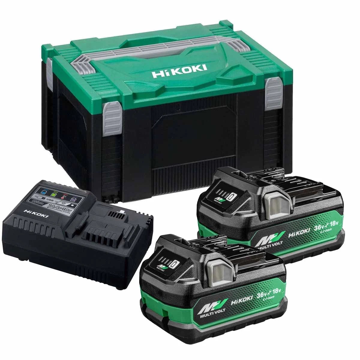 HiKOKI Battery Set with 2x BSL36A18 MultiVolt Batteries UC18YSL3 Charger and HSC3 Case