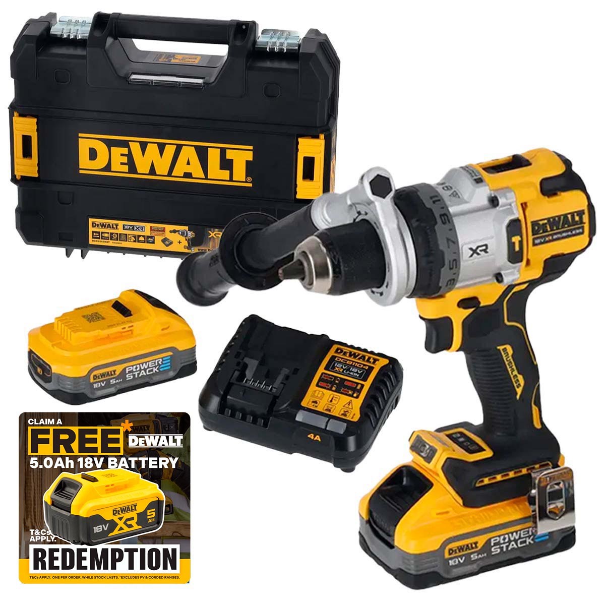 DeWalt DCD1007H2T-GB 18V XR Brushless Combi Drill with 2 x 50Ah POWERSTACK Batteries