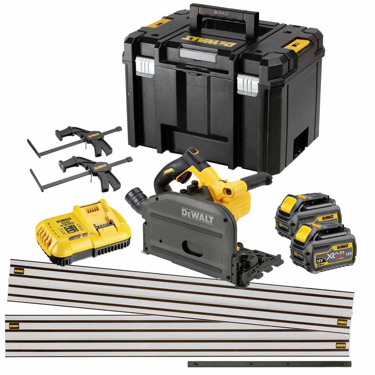 DeWalt DCS520T2 54V XR 165mm Flexvolt Plunge Saw Complete Guide Rail Kit with 2 x 60Ah Batteries Fast Charger