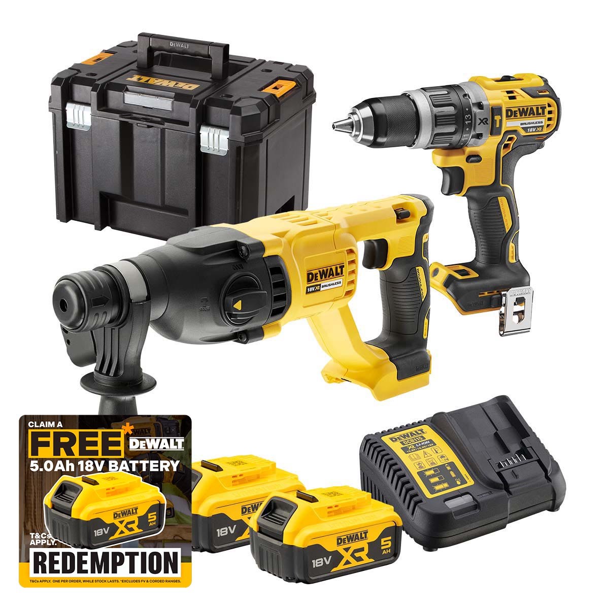 DeWalt DCK2071P2T 18V XR Combi Drill SDS Drill Twin Pack with 2x 50Ah Batteries